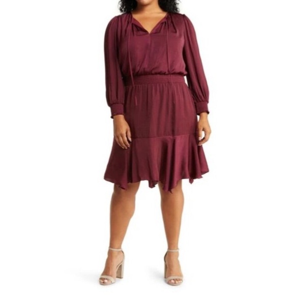Sam Edelman Dresses & Skirts - SAM EDELMAN SMOCKED LONG SLEEVE BURGUNDY A LINE DRESS